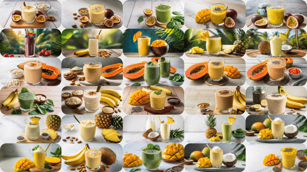 A collage of various high-protein smoothies featuring fruits like passion fruit, coconut, papaya, banana, pineapple, and mango, ideal for starting the day strong.