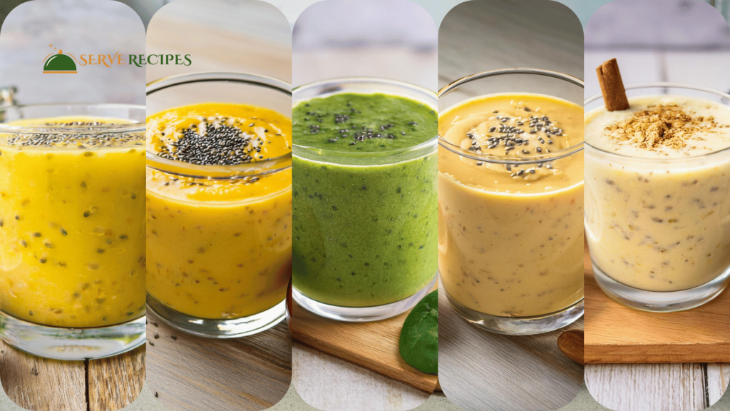 Each of five irresistible High-Protein Passion Fruit Smoothies, presented in a clear glass on a light hardwood tabletop, has toppings like chia seeds, mango, spinach, almond butter, and oats.