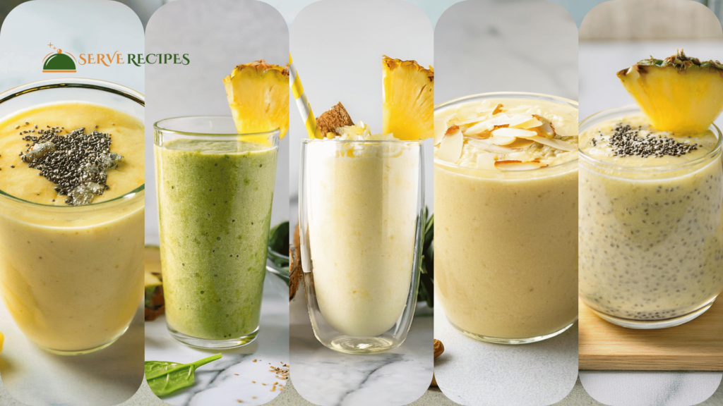 A collection of five high-protein tropical smoothies with pineapple, each served in a clear glass on a white marble countertop with tropical-themed garnishes.