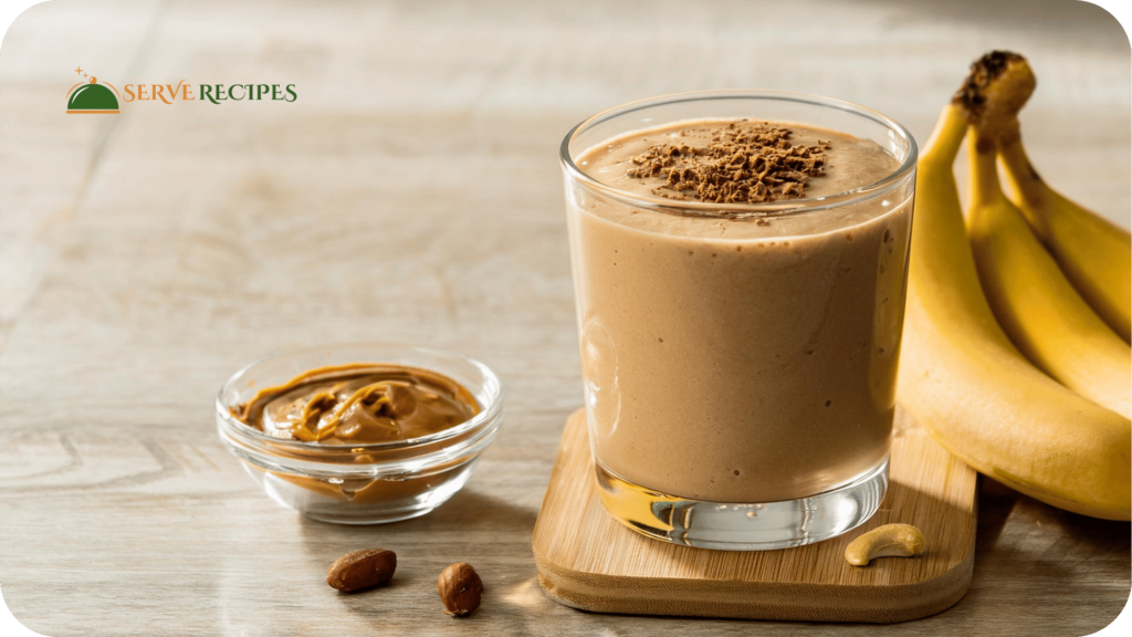 Present in a clear glass on a light wood countertop, a delicious chocolate peanut butter High-Protein Banana Smoothie topped with cocoa powder and peanut butter drizzle and dark chocolate piece alongside the glass.