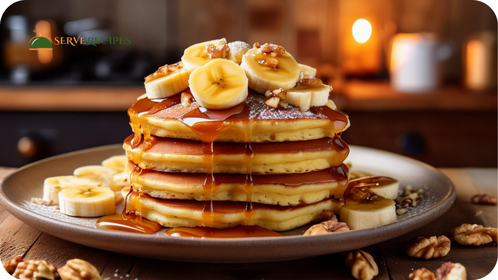 A stack of fluffy Japanese pancakes topped with caramelized bananas, a drizzle of honey, and a sprinkling of crushed nuts, served on a rustic ceramic plate with a cozy, warmly lit kitchen in the background