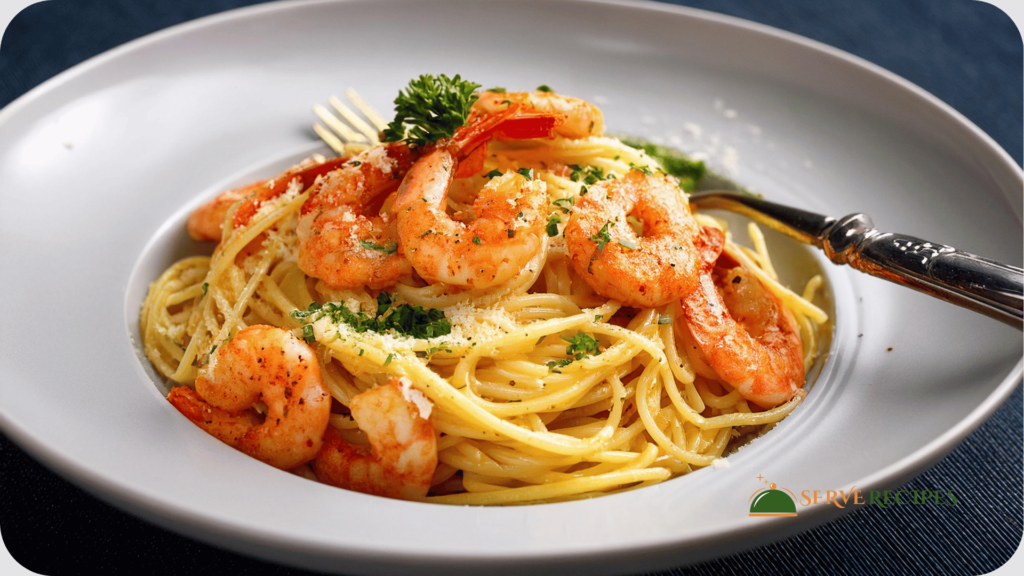 A bowl of garlic butter shrimp pasta topped with Parmesan cheese and parsley, perfect for quick dinner recipes.