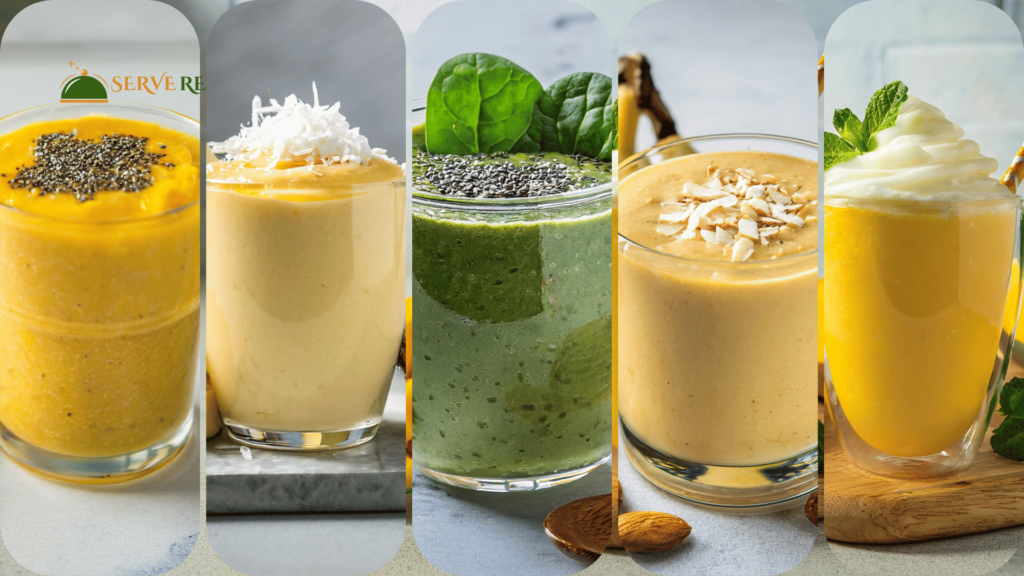 Made in a clear glass on a white kitchen countertop with a tropical theme, this high-protein tropical smoothie with mango and chia seeds looks great.