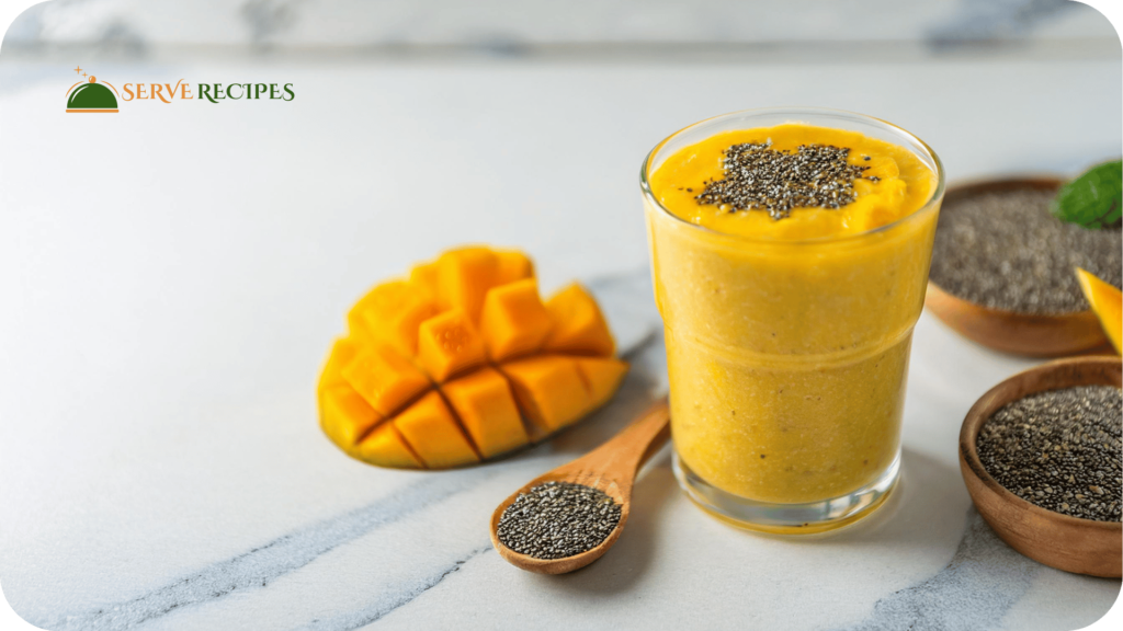 Clear glass on a tropical-themed white kitchen countertop presented a creamy, high-protein tropical smoothie with mango and chia seeds, topped with chia seeds and a mango slice.