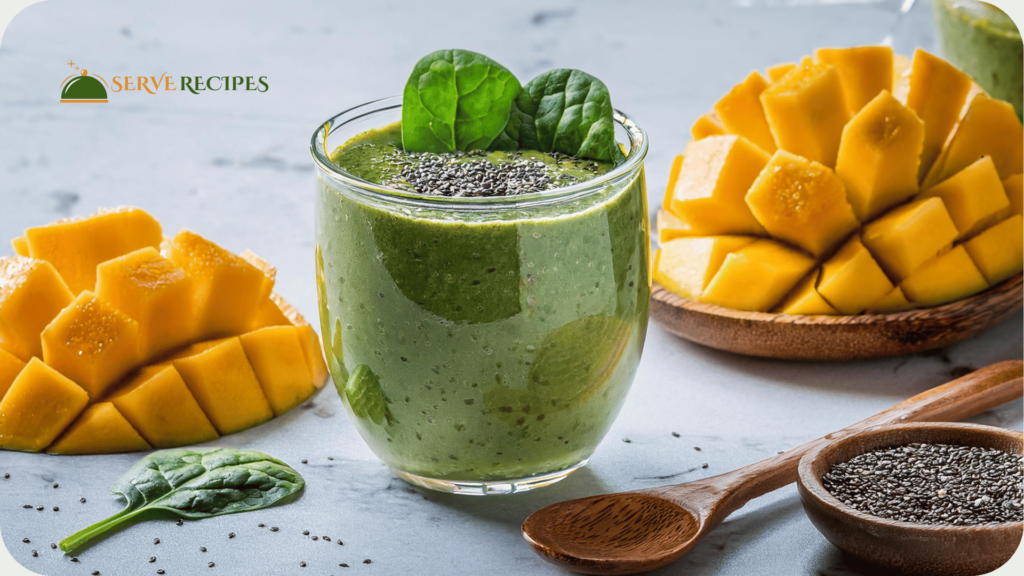 Clear glass on a fresh white kitchen countertop held a vivid green high protein tropical smoothie created with mango and spinach topped with chia seeds and a mango slice.