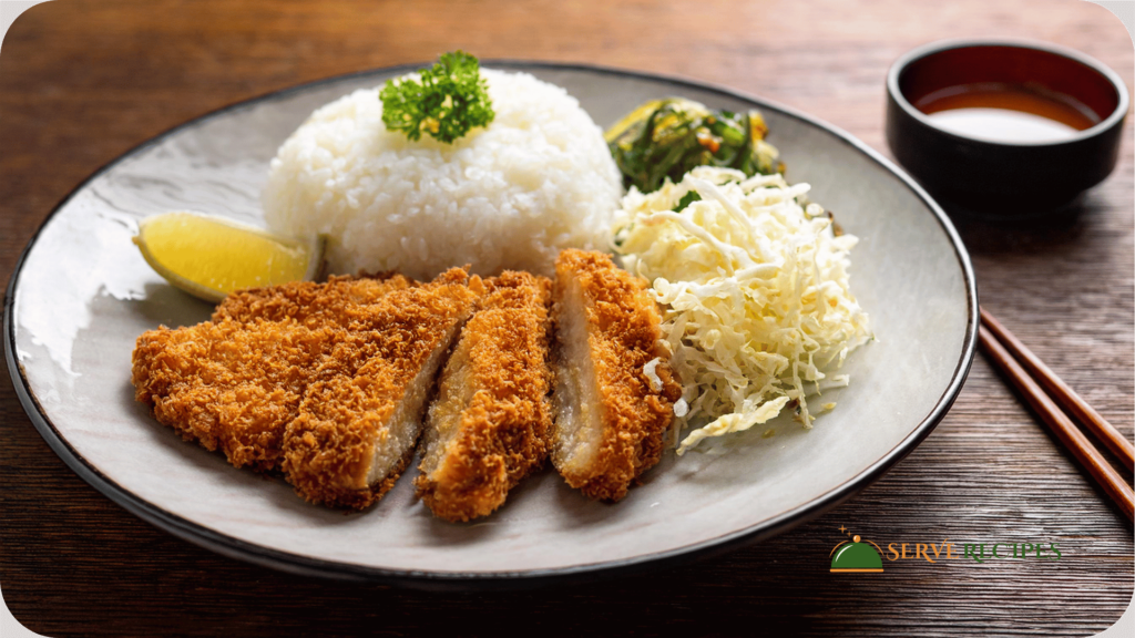 A plate of Chicken Katsu served with rice and cabbage, made with homemade panko breadcrumbs.