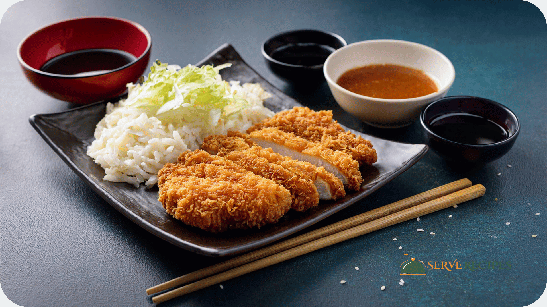 Plate of chicken katsu served with rice, shredded cabbage, and dipping sauce.