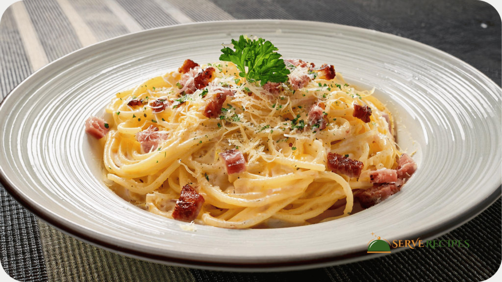 A plate of creamy spaghetti carbonara garnished with Parmesan cheese and parsley, a classic dish for quick dinner recipes.