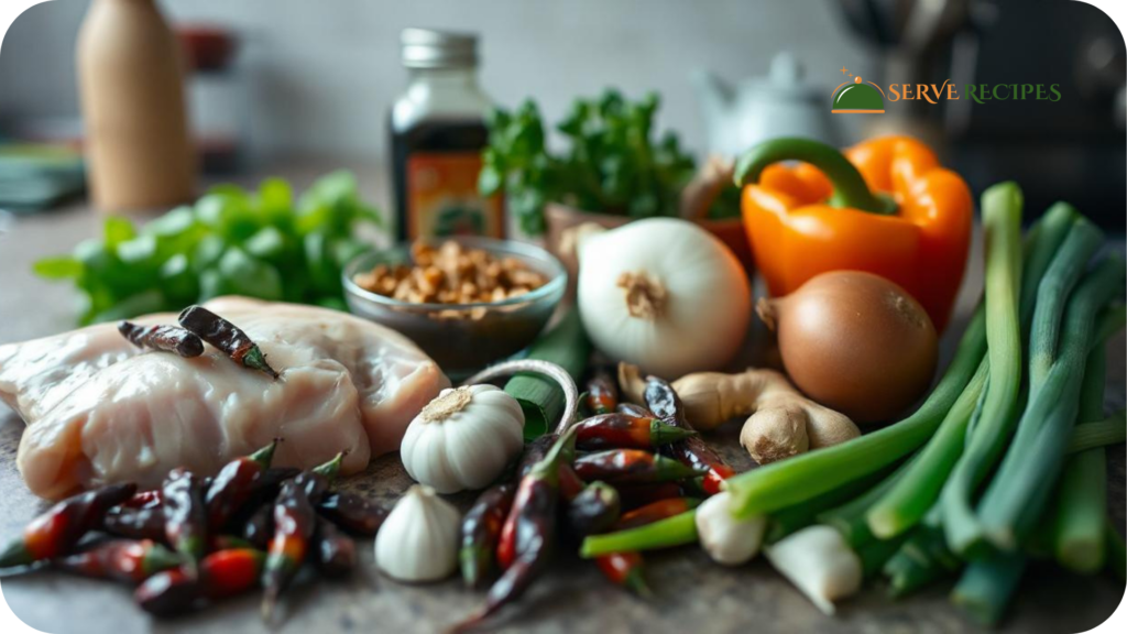 Fresh ingredients for Spicy Szechuan Chicken Stir-Fry including chicken, dried chilies, garlic, ginger, bell pepper, and green onions.