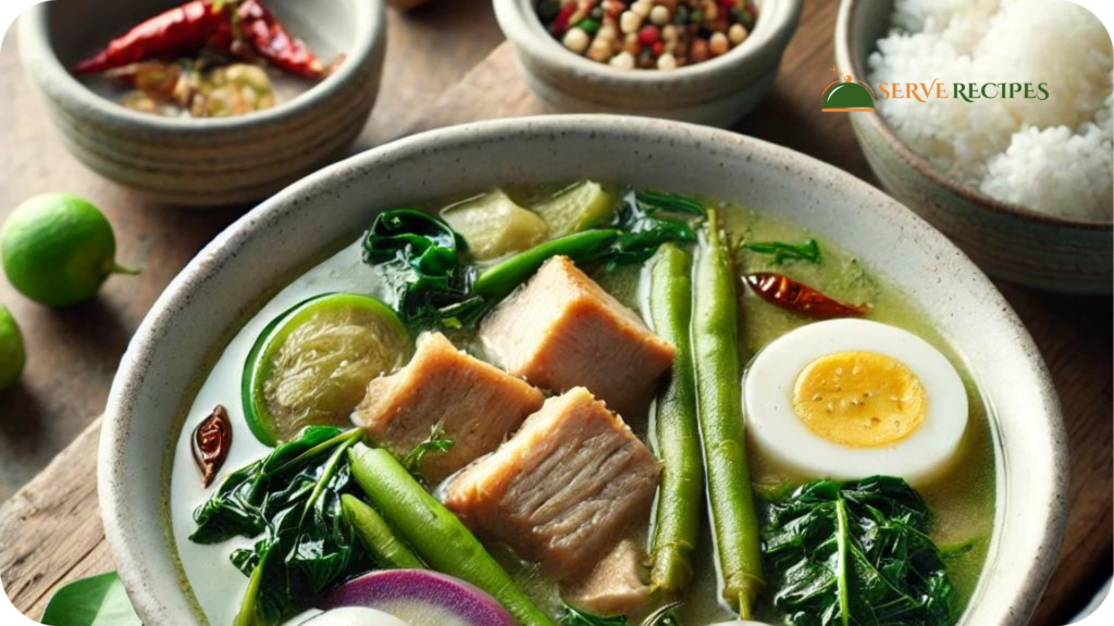 A bowl of classic pork Sinigang filled with tender pork belly, vibrant green vegetables, radish slices, and eggplant in a clear tamarind broth, accompanied by small dishes of fish sauce with chilies, calamansi, and steamed white rice on a rustic wooden table.