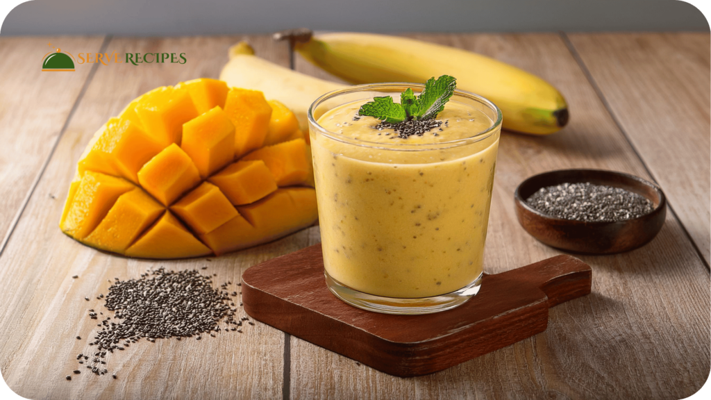 Serving in a clear glass on a light wood tabletop, a vivid tropical High-Protein Banana Smoothie with mango topped with fresh mango and chia seeds sits next to mango and banana slices.