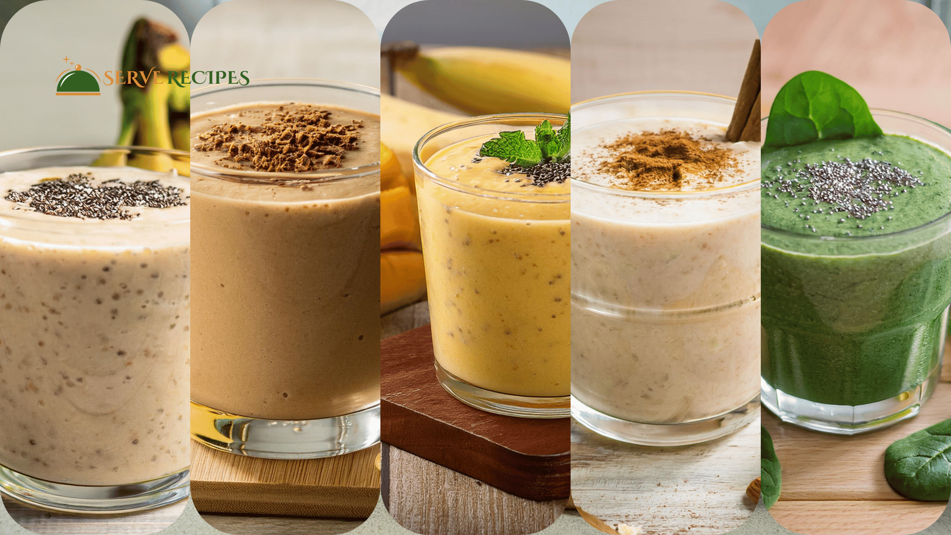 Five High-Protein Banana Smoothies, each presented in a clear glass on a light wood countertop with varying toppings including chia seeds, peanut butter, oats, spinach, and fresh fruit.