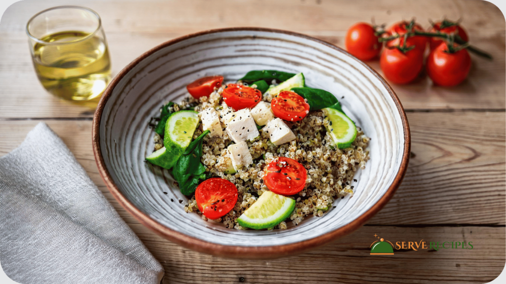 Present in a white porcelain plate, a colourful vegetable-packed quinoa bowl comprising quinoa, spinach, cherry tomatoes, cucumber, and feta cheese. A perfect example of quick dinner recipes and easy dinner ideas for healthy eating.