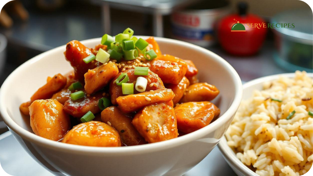 A bowl of Spicy Szechuan Chicken Stir-Fry garnished with green onions and sesame seeds, served with a side of steamed rice.