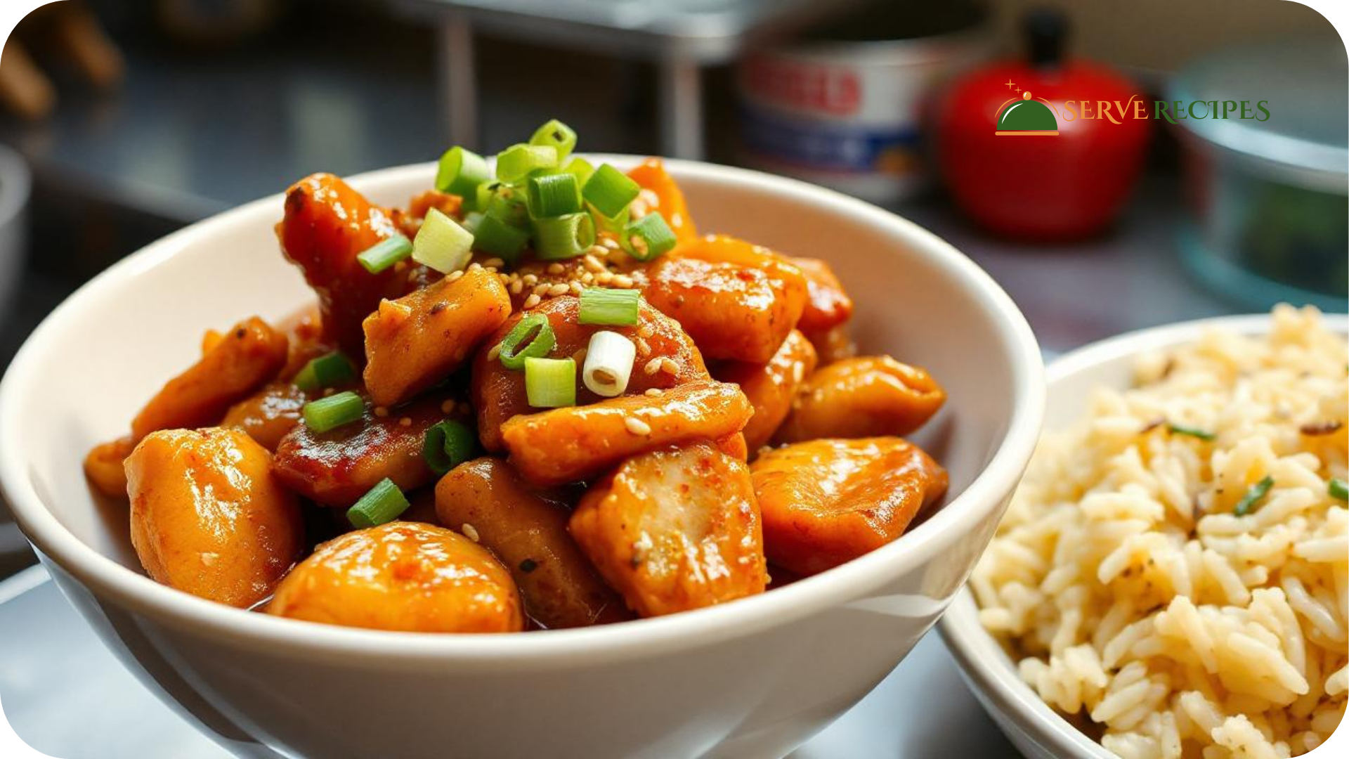 A bowl of Spicy Szechuan Chicken Stir-Fry garnished with green onions and sesame seeds, served with steamed rice on the side