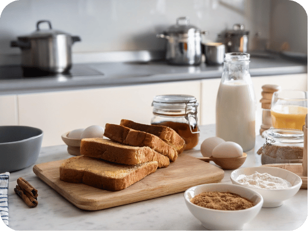 Ingredients for vegan French toast including bread, almond milk, flour, maple syrup, cinnamon, vanilla extract, and vegan butter arranged on a kitchen counter.