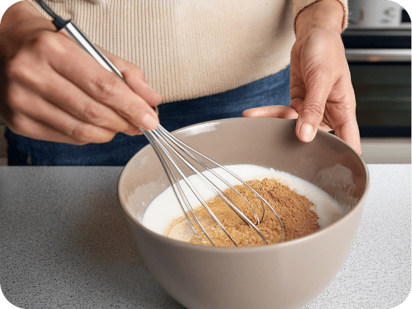 A bowl with almond milk, flour, cinnamon, maple syrup, and vanilla extract being whisked to make the vegan French toast batter.