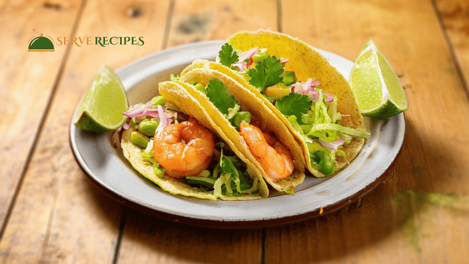 A plate of spicy shrimp tacos with creamy avocado-lime slaw garnished with lime wedges on a rustic wooden table, demonstrating the final results of a 30-minute recipe