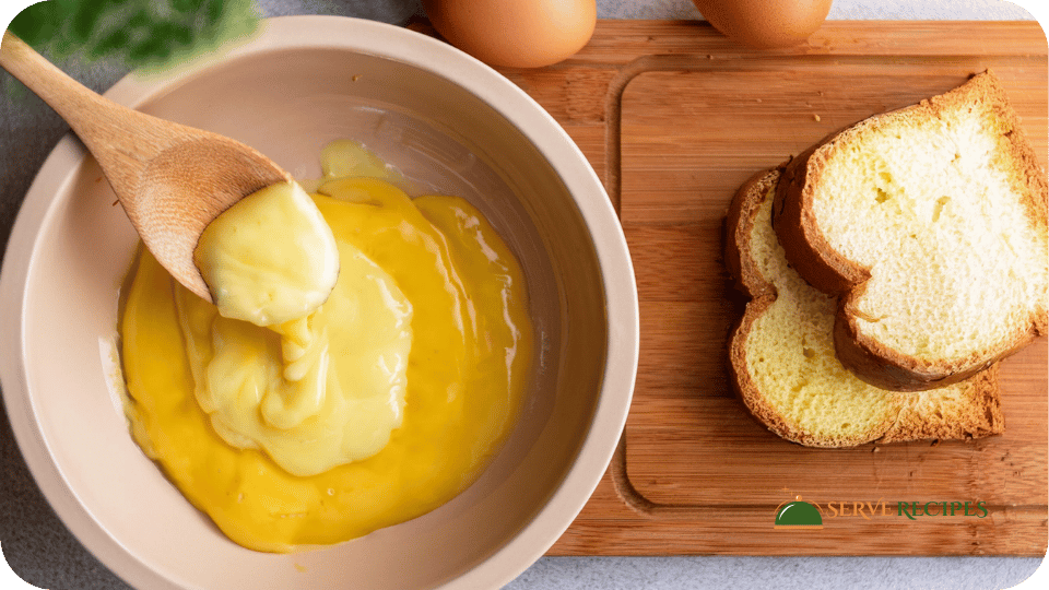 Dipping a stuffed slice of brioche bread into the egg mixture, preparing it for cooking as stuffed French toast.