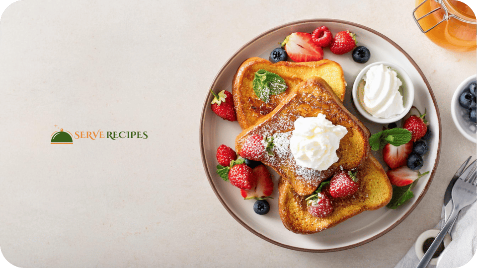 Plated stuffed French toast, topped with powdered sugar, maple syrup, and fresh berries, ready to be served.