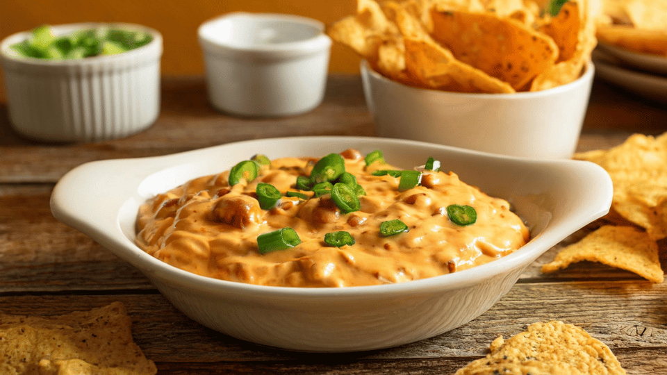 Buffalo Chicken Dip in a White Ceramic Dish