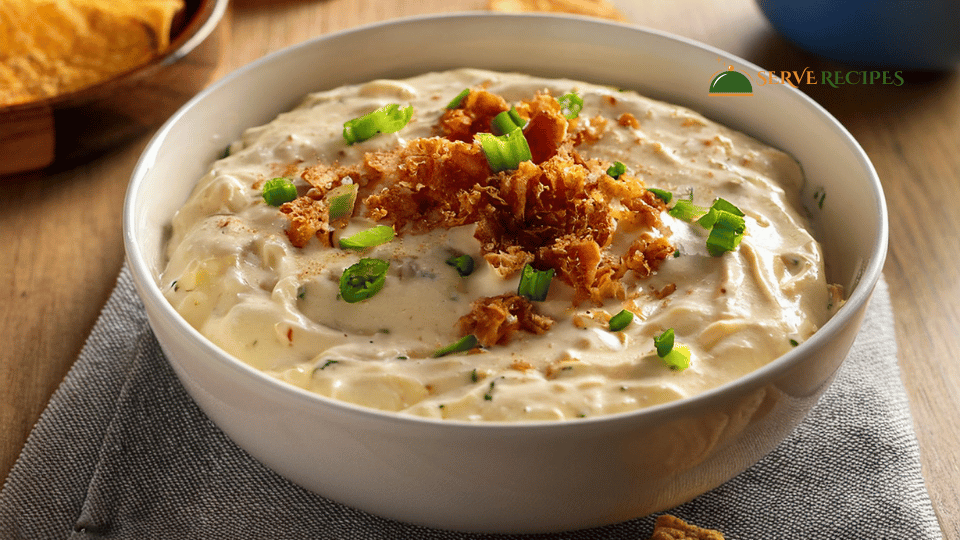 Buffalo Chicken Dip with bacon crumbles in a rustic white ceramic dish, garnished with green onions, served with tortilla chips and celery sticks