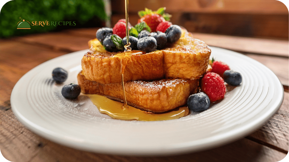 Final presentation of golden-brown French toast served on a white plate with maple syrup and fresh fruit, as part of a quick French toast recipe.