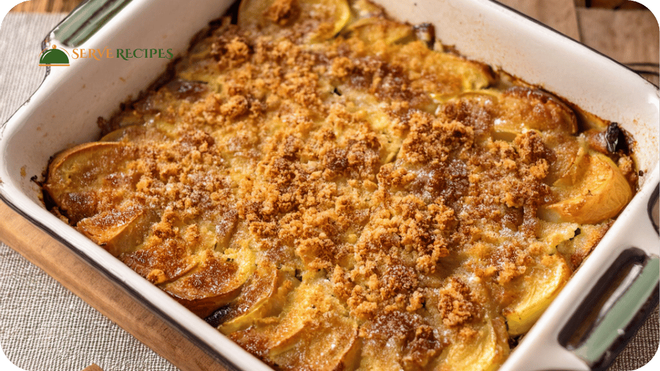 A freshly baked French Toast Casserole with a golden-brown crispy topping, ready to be served from a baking dish.