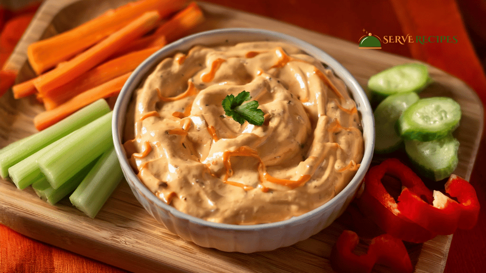 Delicious Low-Carb Buffalo Chicken Dip served in a ceramic dish, surrounded by fresh celery sticks, cucumber slices, and bell peppers on a rustic wooden board.