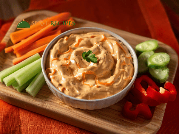 A creamy, low-carb buffalo chicken dip served in a white bowl with a side of celery and bell pepper sticks.