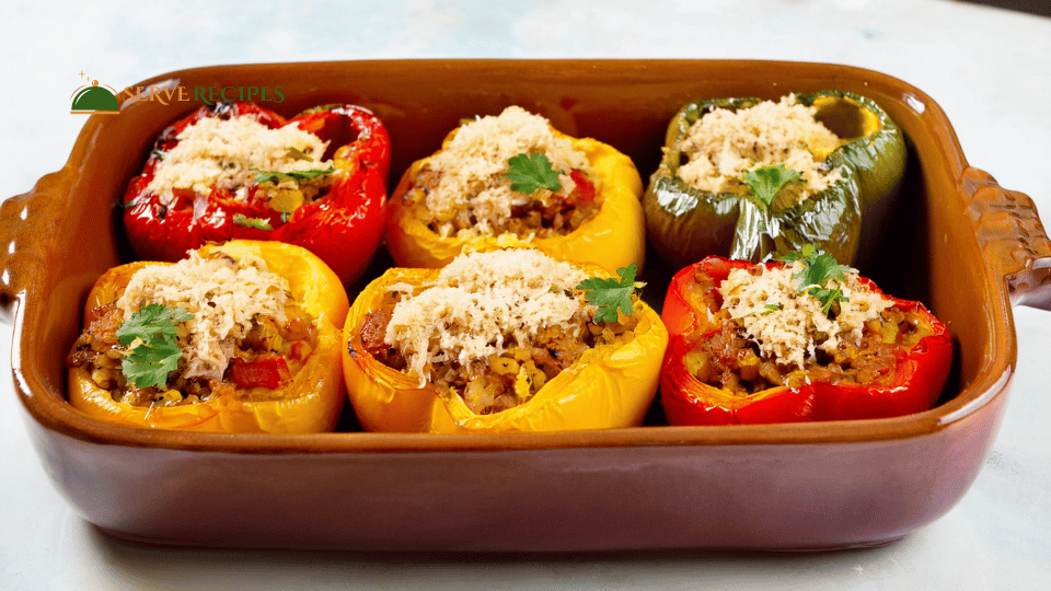 A colorful dish of low-carb stuffed bell peppers filled with quinoa and turkey, topped with melted cheese and garnished with fresh parsley, served in a ceramic baking dish.