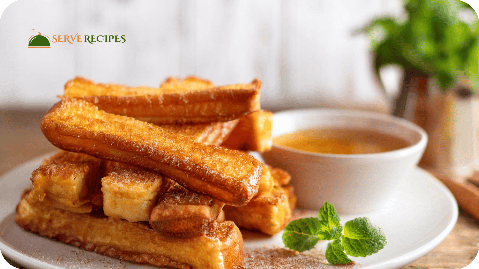 Crispy golden French Toast Sticks stacked on a plate with a side of syrup and fresh greens.